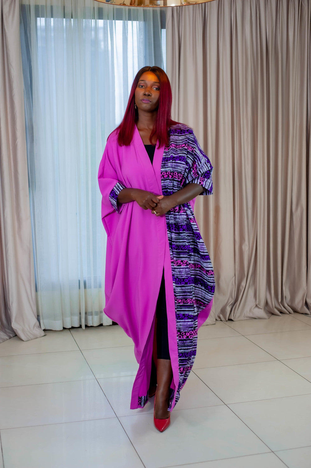 Long Purple-Pink Kimono - With African Print