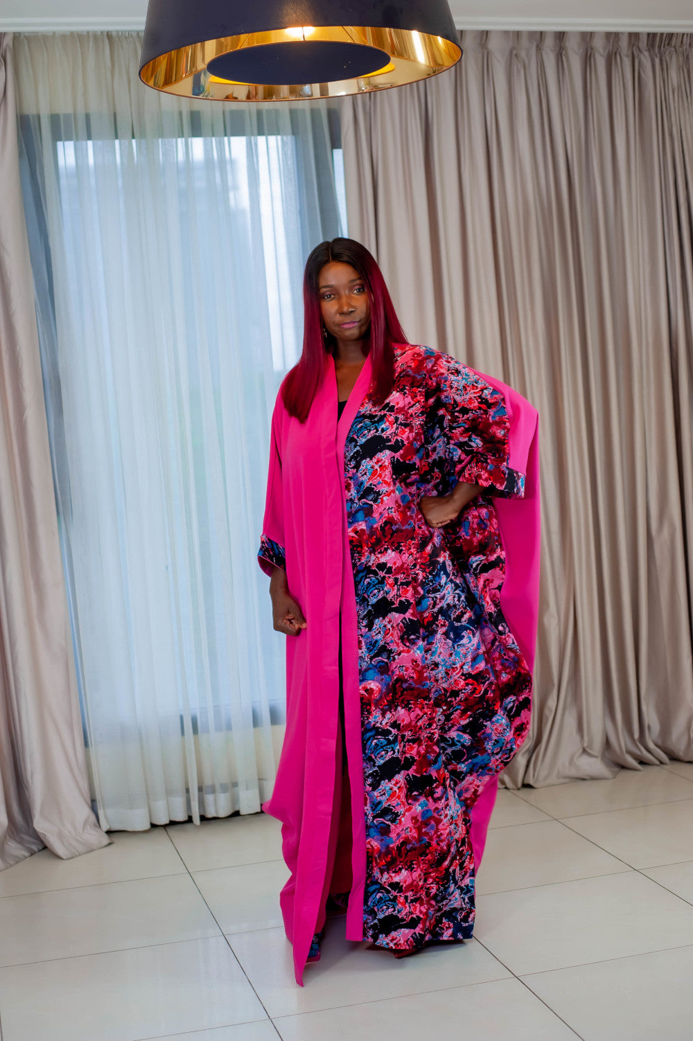 Long Fuschia Kimono - With African Print