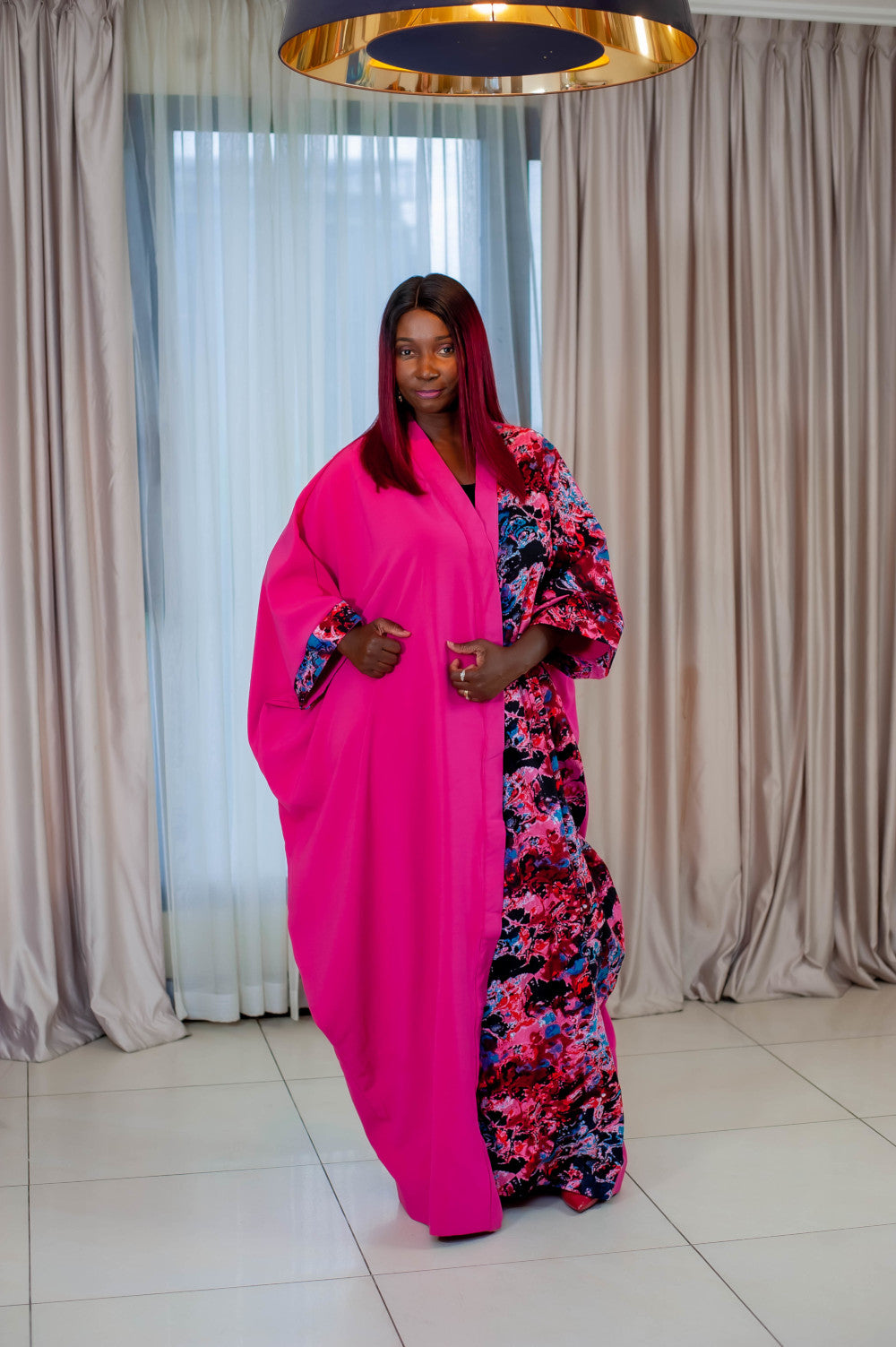 Long Fuschia Kimono - With African Print