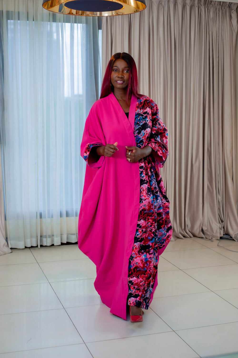 Long Fuschia Kimono - With African Print