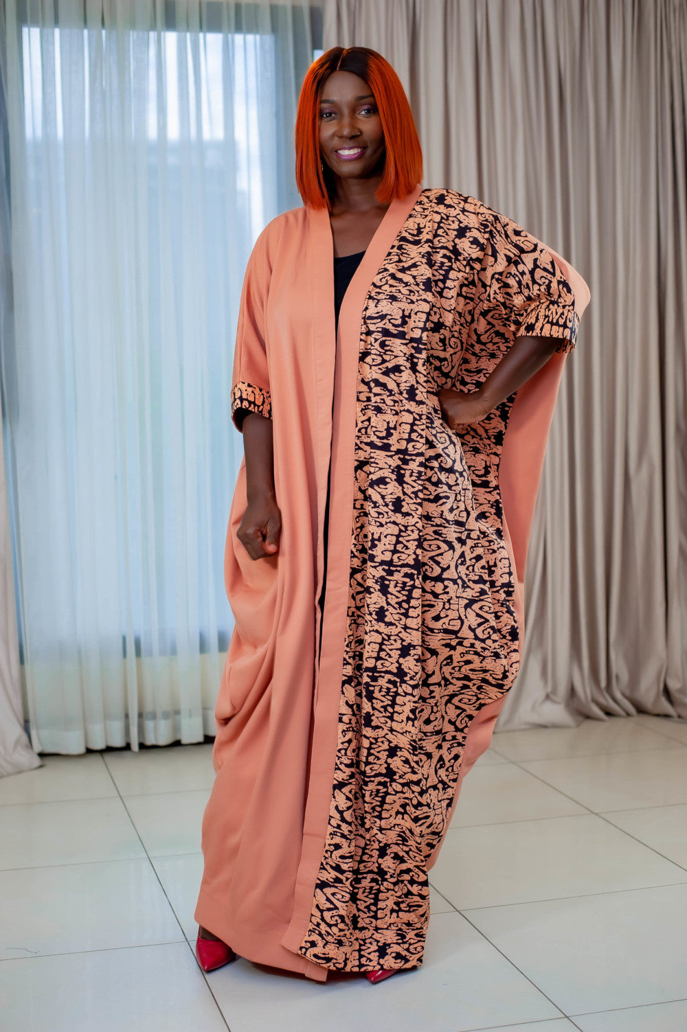 Long Nude Kimono - With African Print - monotone